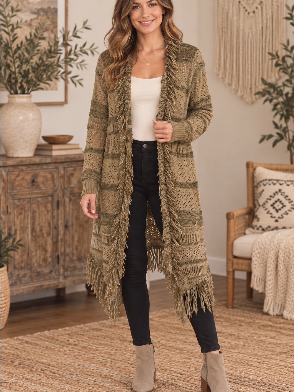 Ashley Stewart Olive Fringe Open-Front Long Cardigan (080789) 🍂 ☀️